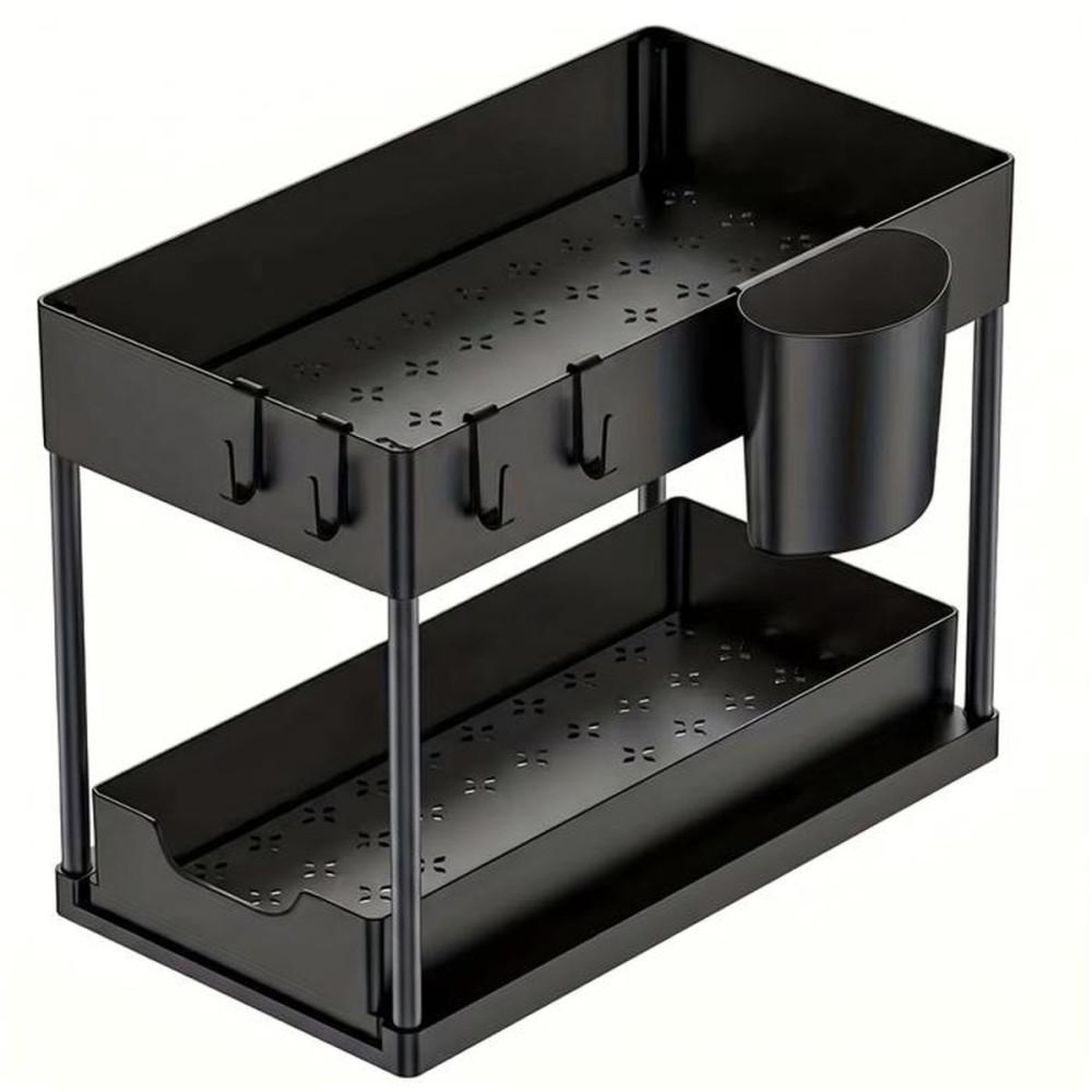 Rangement double niveau sous évier avec tiroir coulissant, fond évidé et étagères ventilées noir 37,5 x 20,5 x 33,5 cm