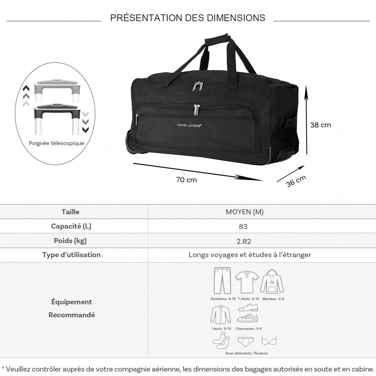 David Jones Sac de voyage avec roulettes 83L  70cm