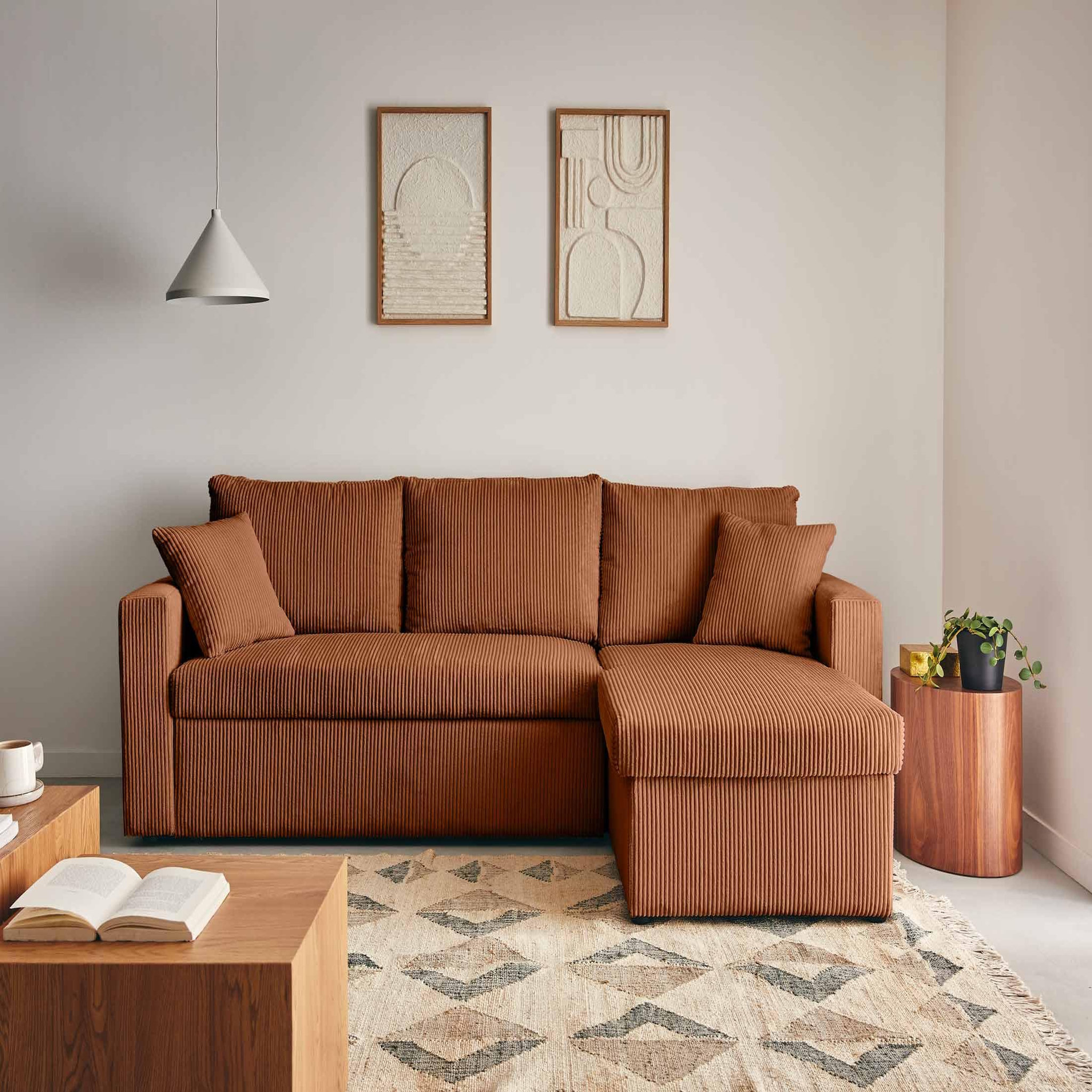 BEST MOBILIER Cyrus - canapé d'angle réversible 4 places - convertible avec coffre - en velours côtelé. Coloris disponibles : Beige, Gris, Vert, Bleu, Orange