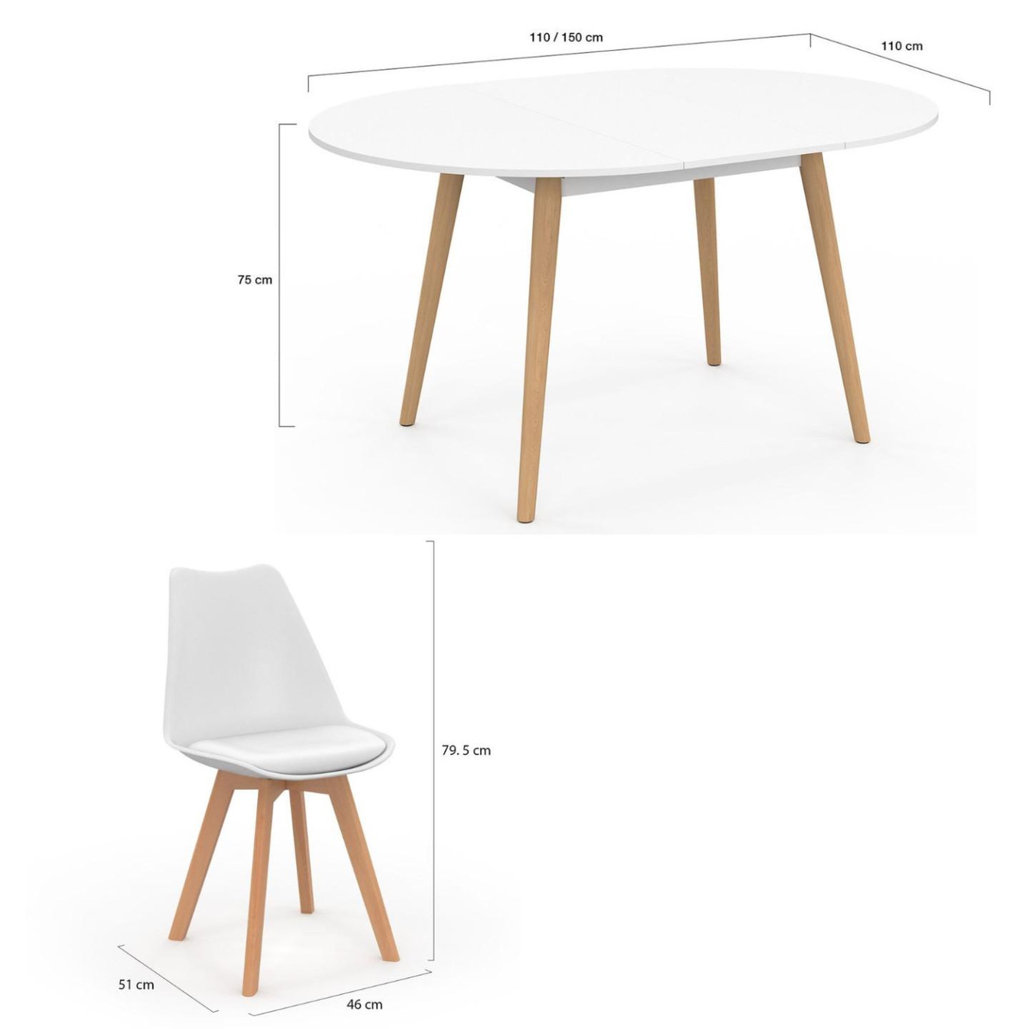 Voir la diapositive 6 : ID MARKET Ensemble table à manger extensible ronde angela blanc pied bois 110 - 150 cm et 4 chaises sara blanches