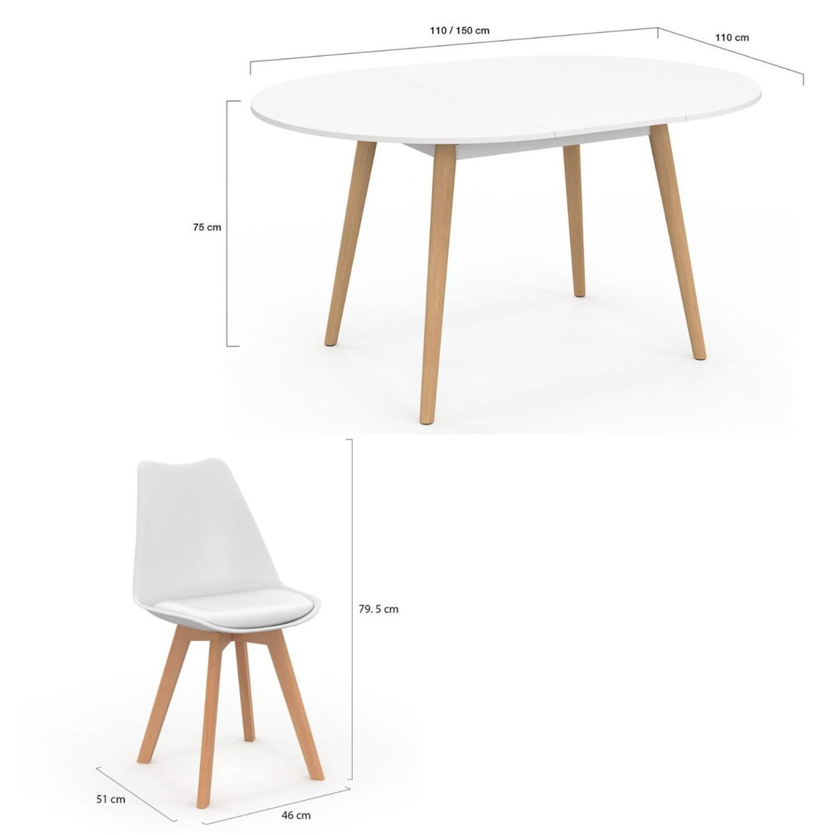 ID MARKET Ensemble table à manger extensible ronde ANGELA blanc pied bois 110 - 150 cm et 4 chaises SARA blanches