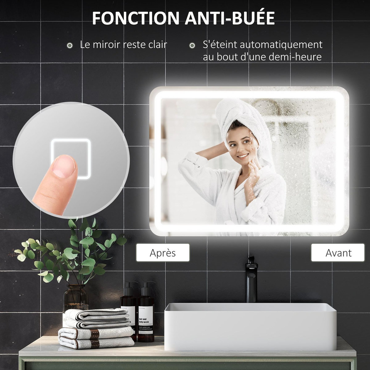 HOMCOM Miroir LED salle de bain réglable 34W antibué tactile dim. 60L x 80H cm