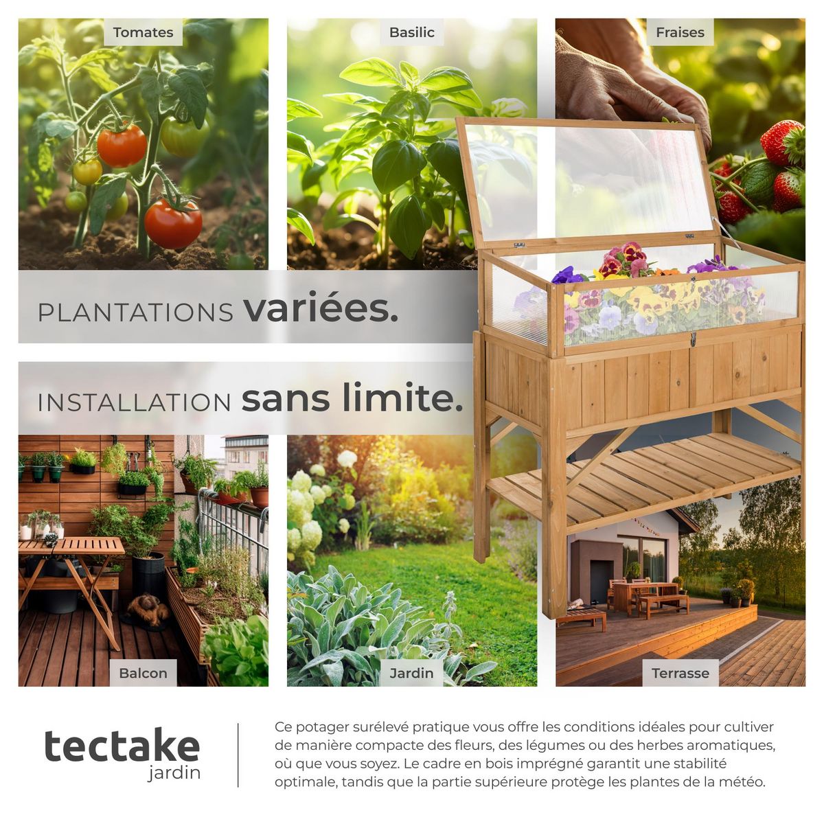 tectake Carré potager de jardin sur pied surélevé en bois de pin imprégné marron