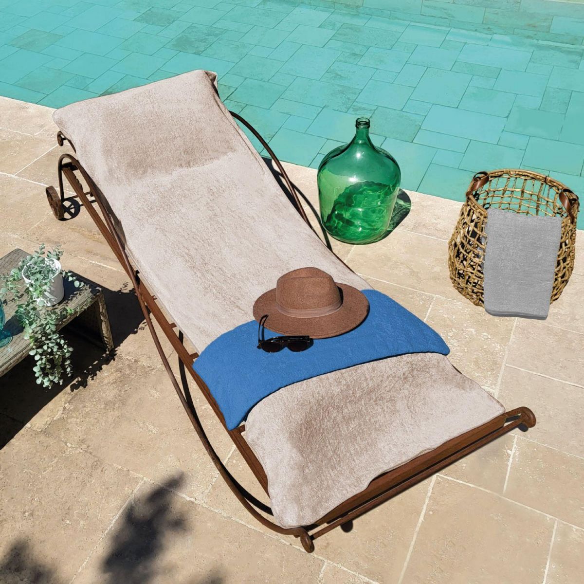 VIVEZEN Serviette de plage à rabat pour transat de bain, 100 % coton - 75 x 200 cm