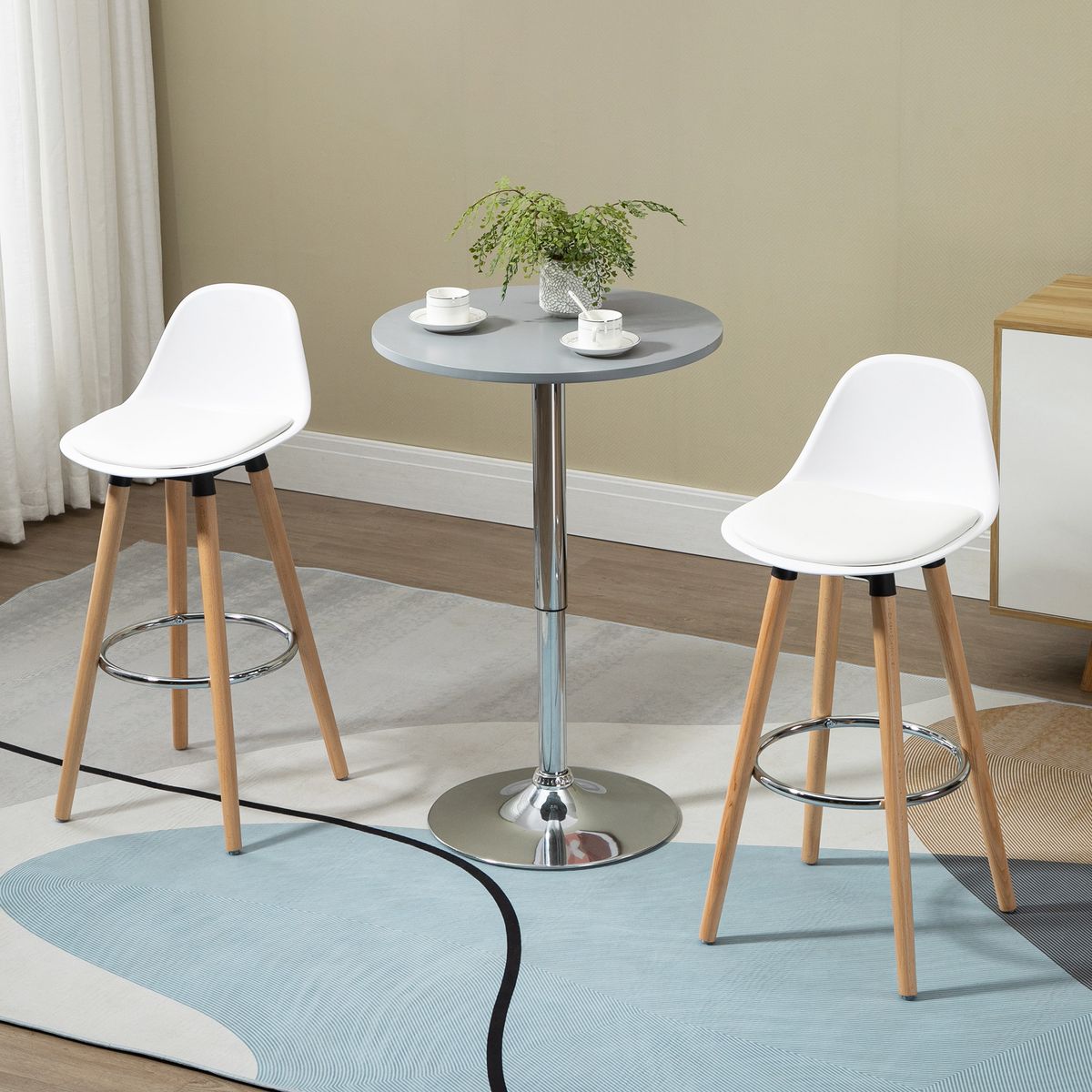 HOMCOM Tabourets de bar style scandinave - lot de 2 tabourets de bar avec repose-pieds - piètement bois de hêtre assise PU blanc