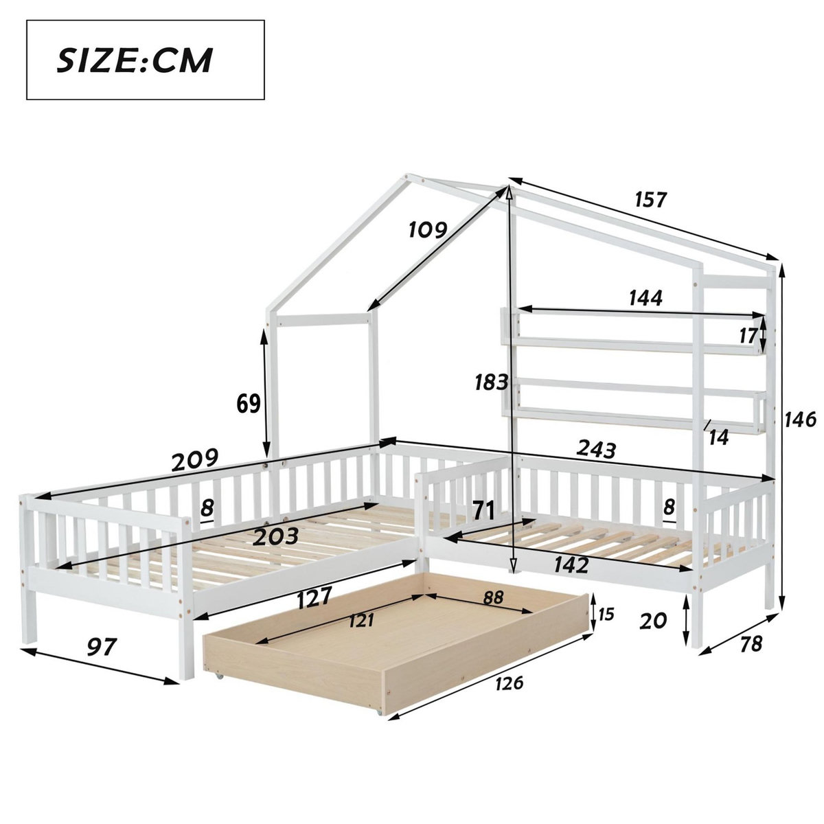 MERAX Lit cabane enfant 90x200(70x140)cm pin coloris blanc