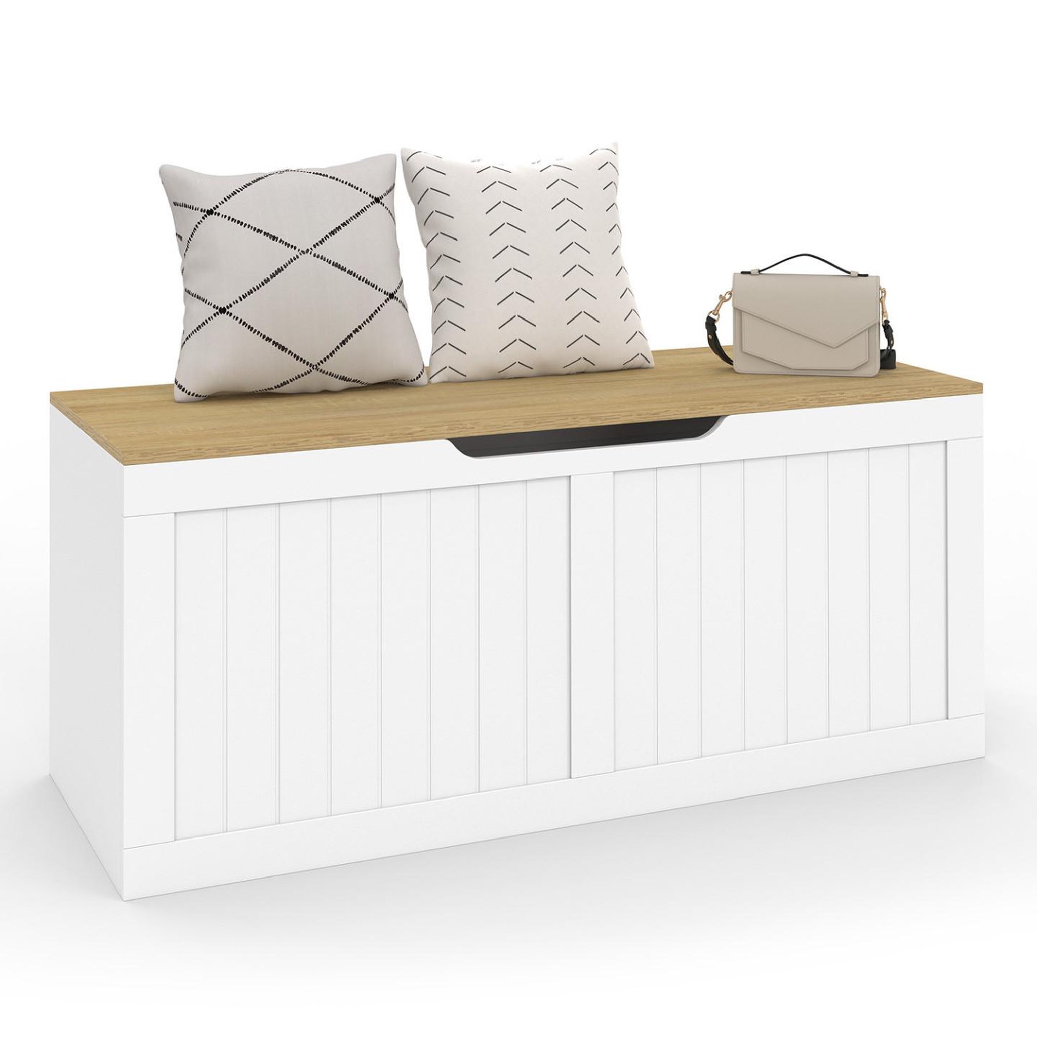 ID MARKET Banc coffre rangement 100 cm leon bois et blanc