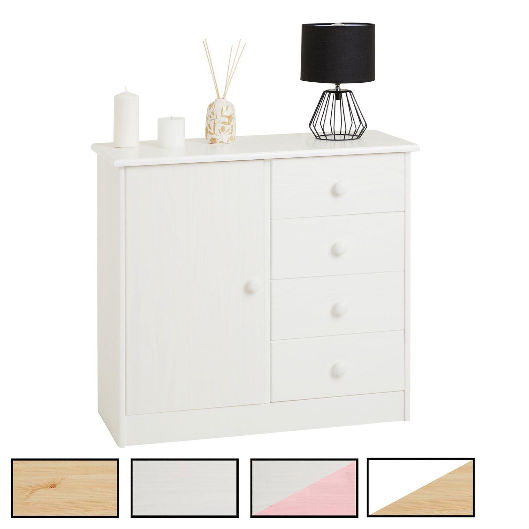 IDIMEX Commode rondo en pin massif, 4 tiroirs et 1 porte. Coloris disponibles : Bicolore