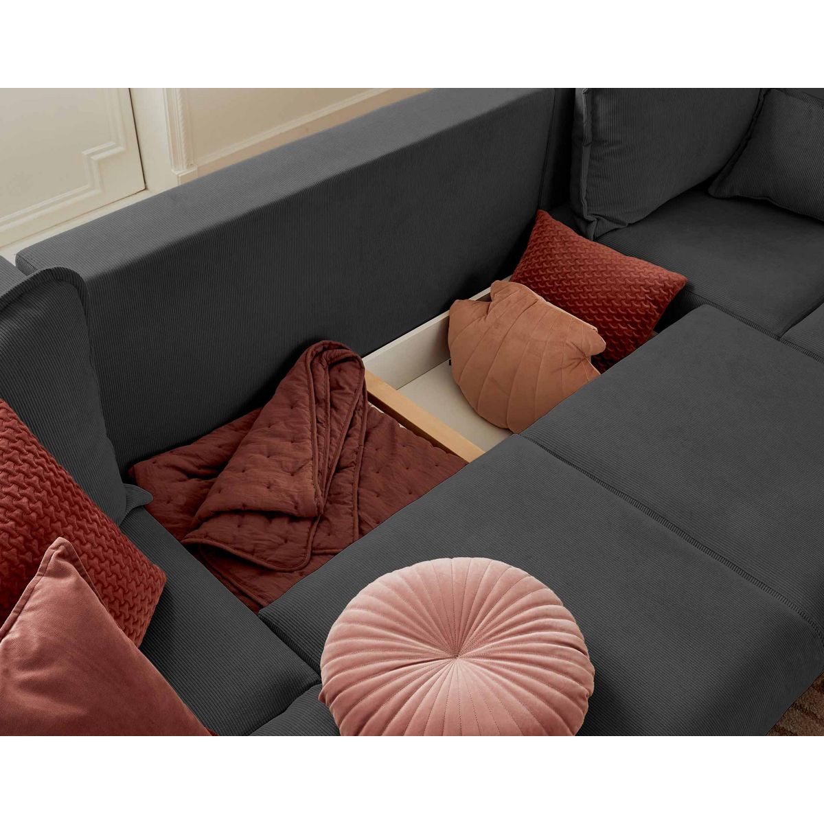 LISA DESIGN Albane - canapé panoramique en u - 7 places - convertible avec coffre - en velours côtelé