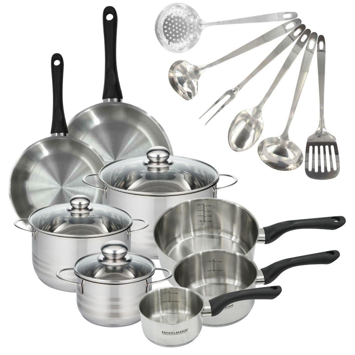 Fackelmann Set 2 poêles 20 24 cm 3 casseroles 12 16 20 cm, 3 faitouts 16, 20 et 24 cm en inox et 6 ustensiles inox Fackelmann Geneva