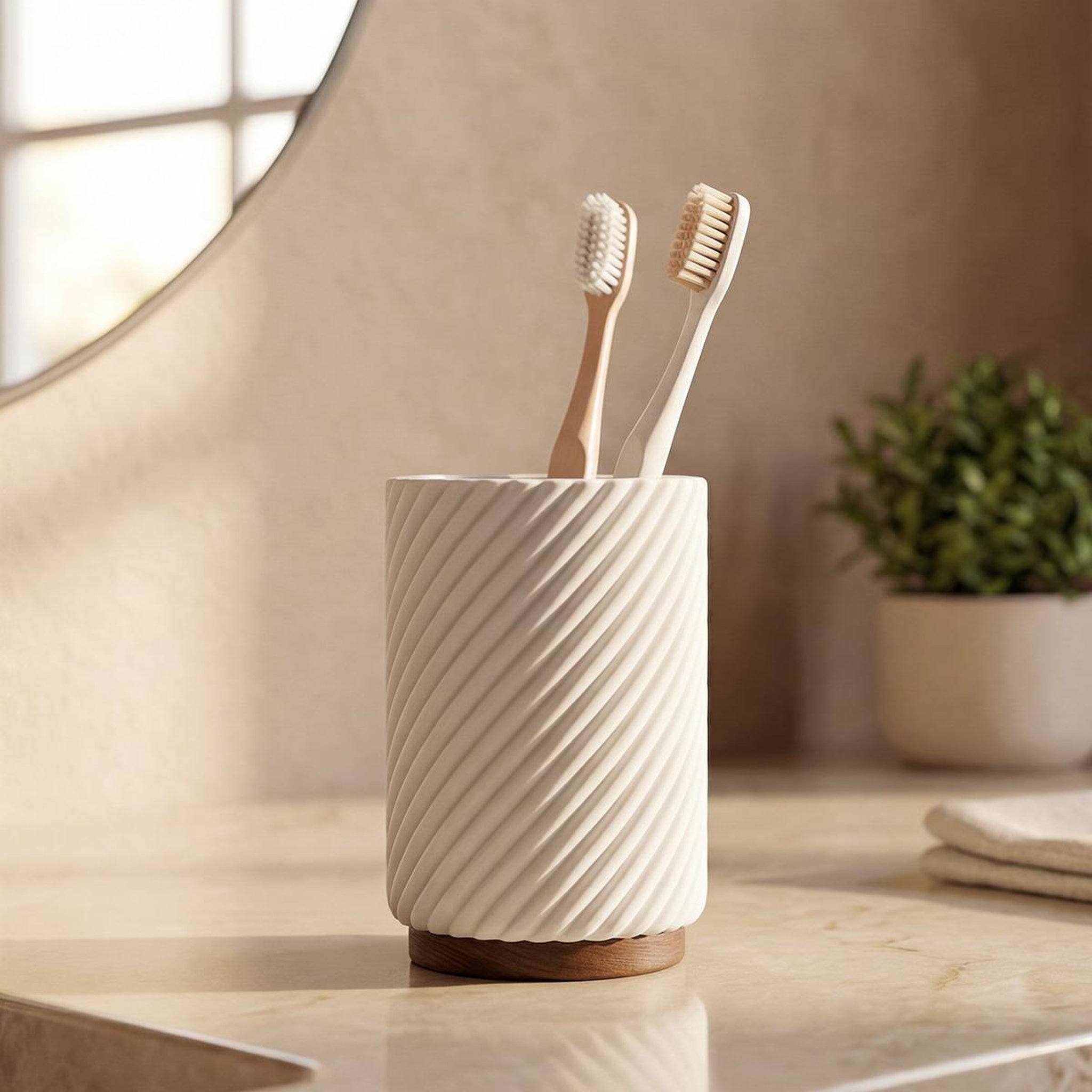 Voir la diapositive 2 : MAISON AUBERTIN Pot brosse à dents - résine blanche et bois - ascoli