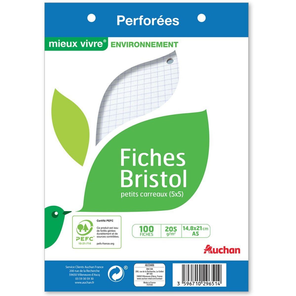 AUCHAN Lot de 100 fiches bristol 14,8x21cm petits carreaux 5x5 perforées