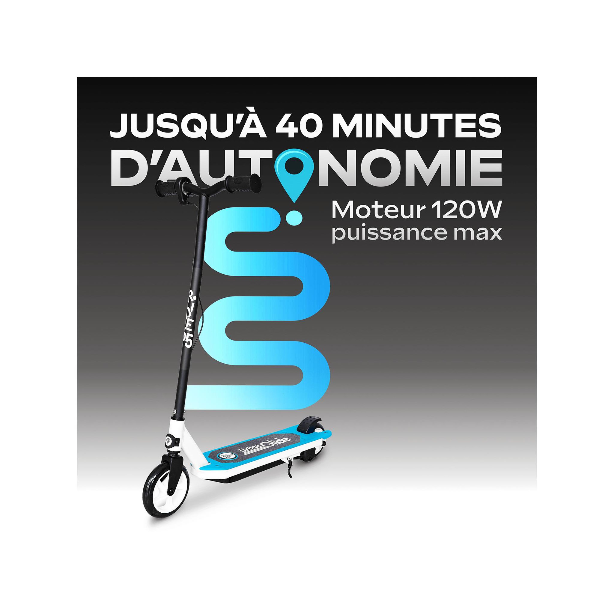 Voir la diapositive 4 : URBANGLIDE Trottinette électrique enfant ride 55 bleu – moteur 30w - 10 km/h - autonomie jusqu'a 40 min - 3-8 ans