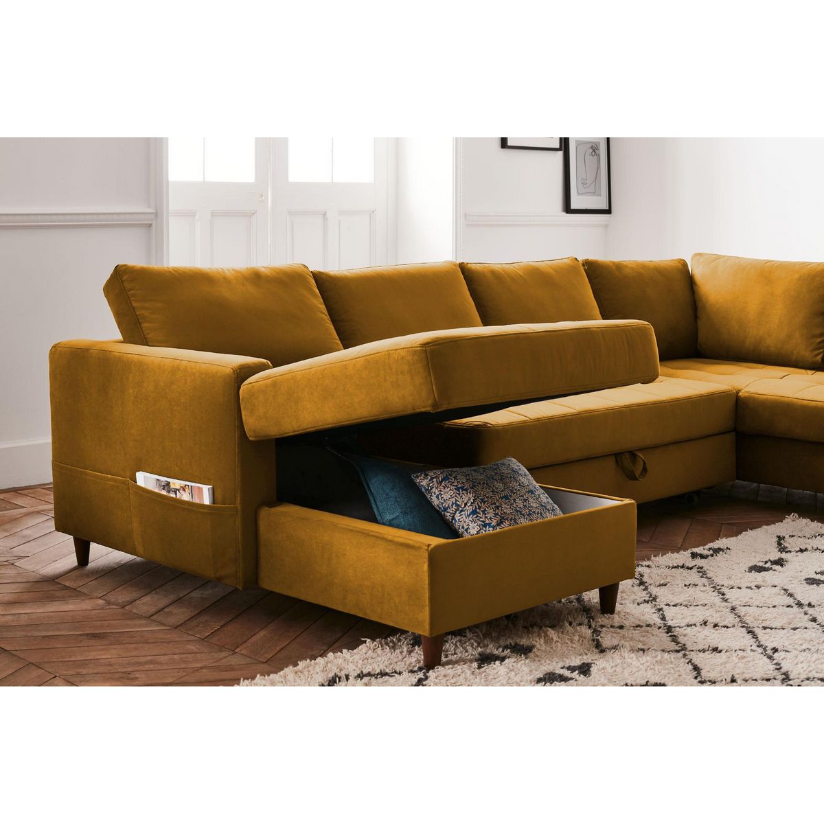 LISA DESIGN Anna - canapé panoramique d'angle droit - 7 places - convertible avec coffre - en velours