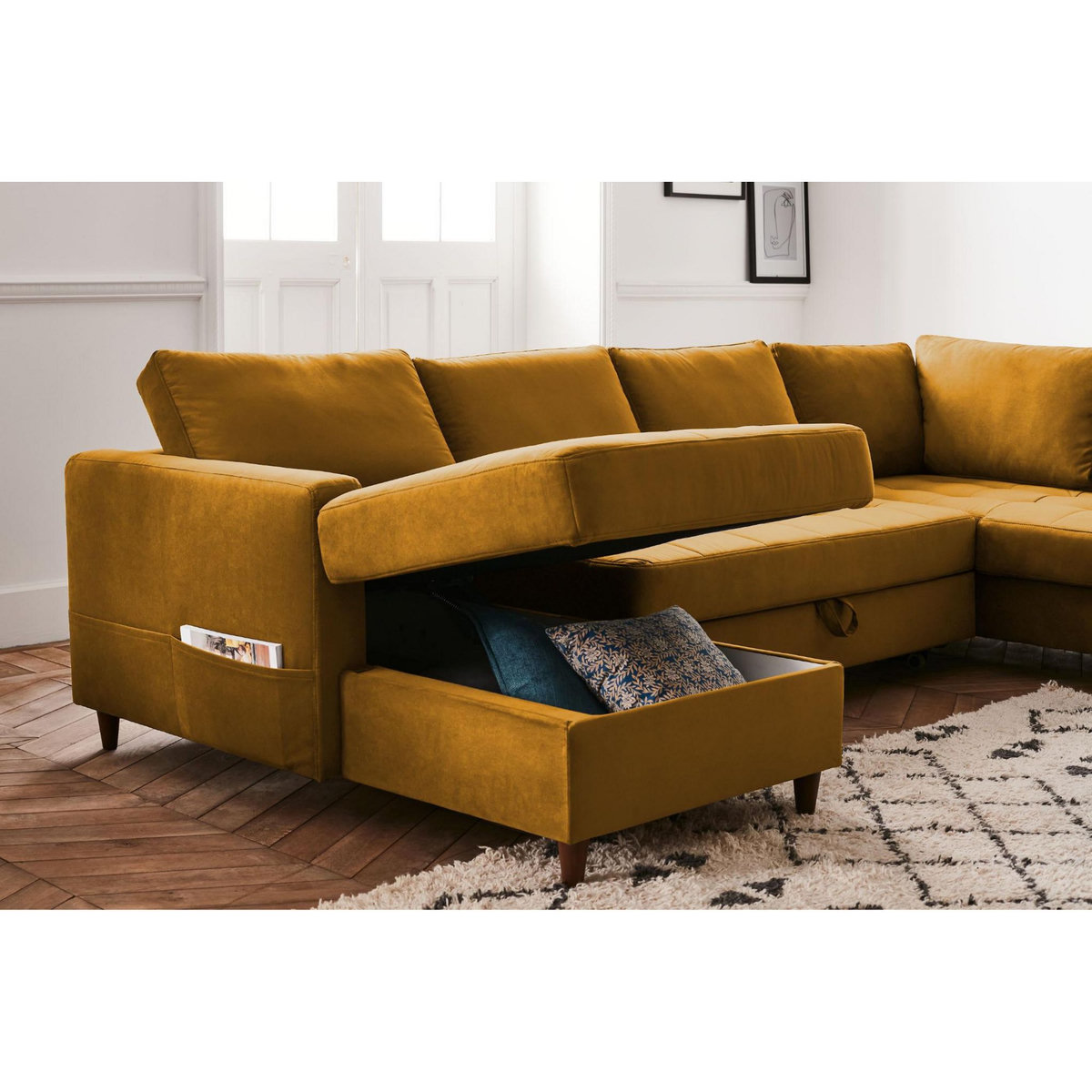 LISA DESIGN Anna - canapé panoramique d'angle droit - 7 places - convertible avec coffre - en velours