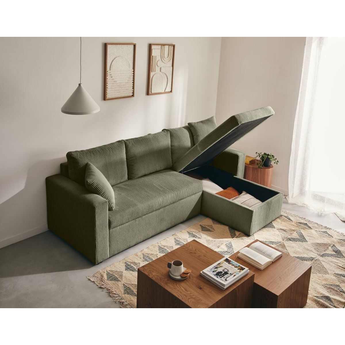 BEST MOBILIER Cyrus - canapé d'angle réversible 4 places - convertible avec coffre - en velours côtelé