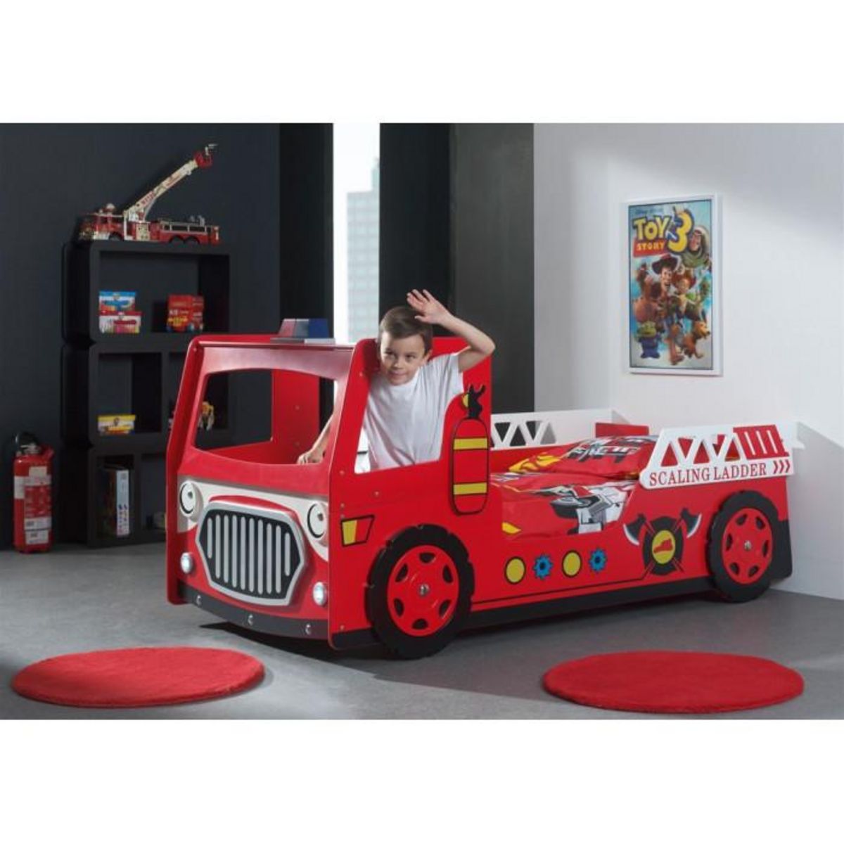 Paris Prix Pack - Lit Enfant & Matelas  Camion de Pompier  90x200cm Rouge
