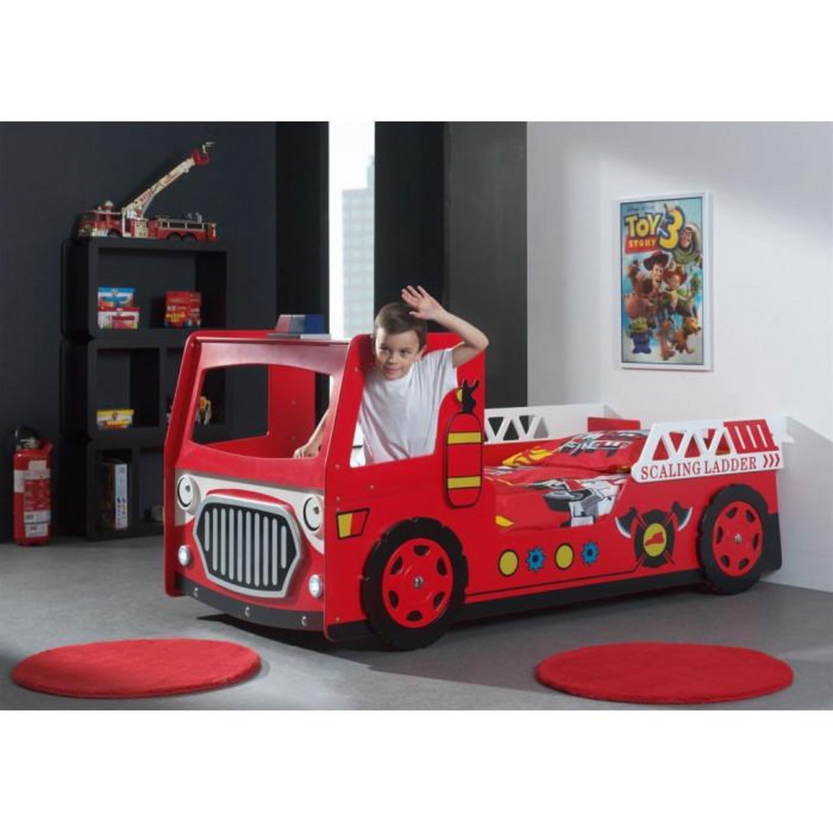Paris Prix Pack - Lit Enfant & Matelas  Camion de Pompier  90x200cm Rouge