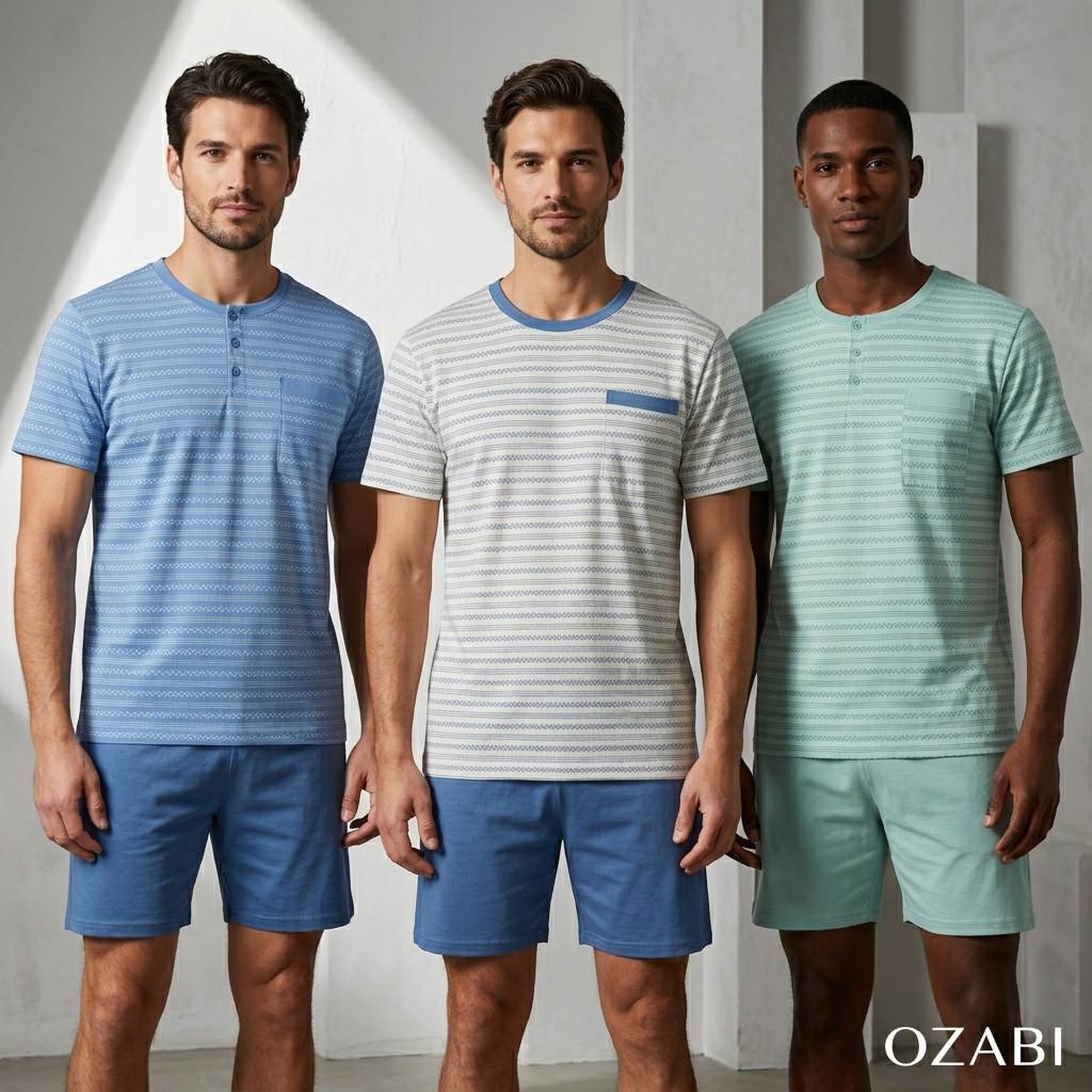Voir la diapositive 2 : OZABI OZABI Pack 3 Pyjamas Courts Homme Coton Majoritaire, Col Bouton
