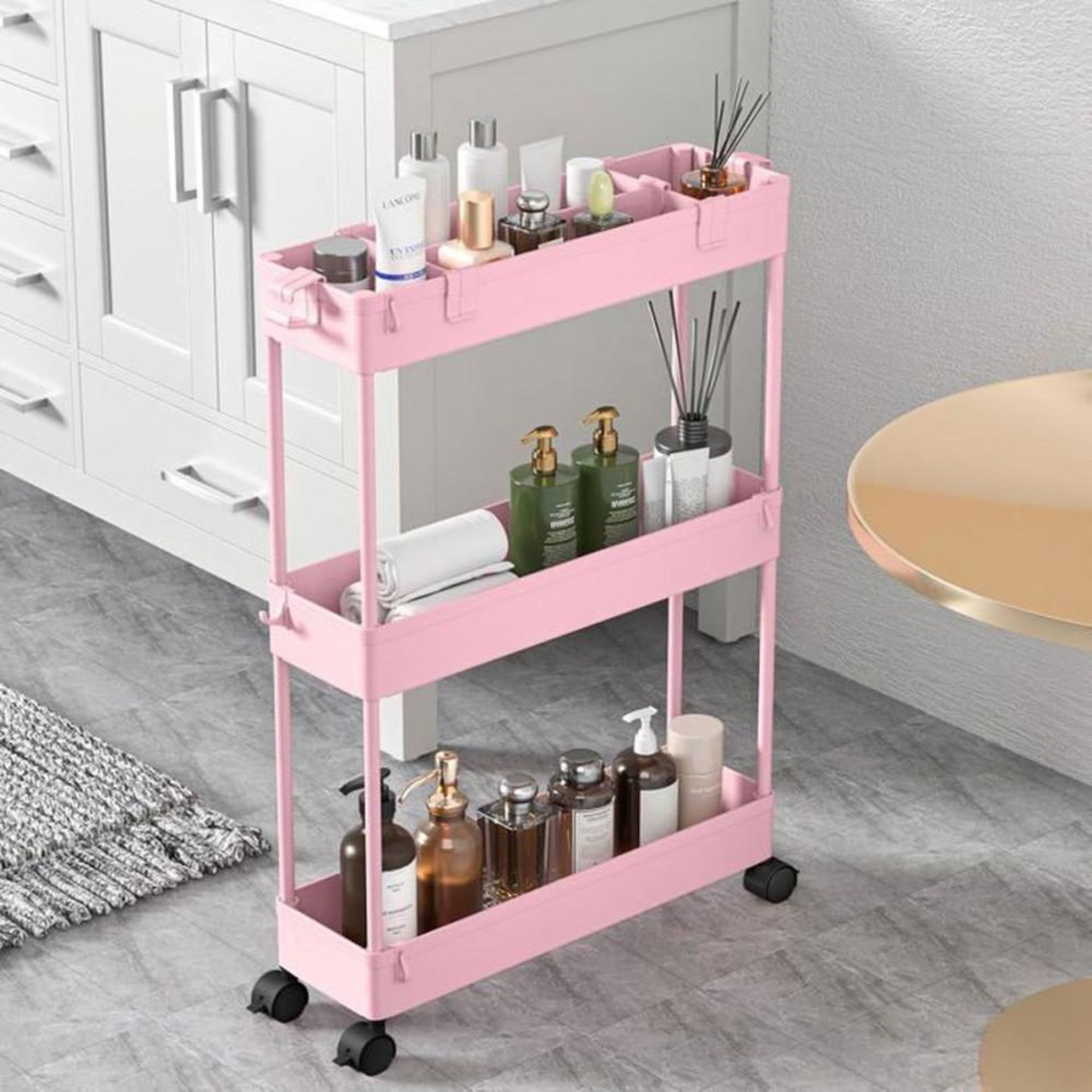 Chariot de rangement rose à 3 niveaux en plastique résine avec roulettes 360° pour cuisine, salle de bain