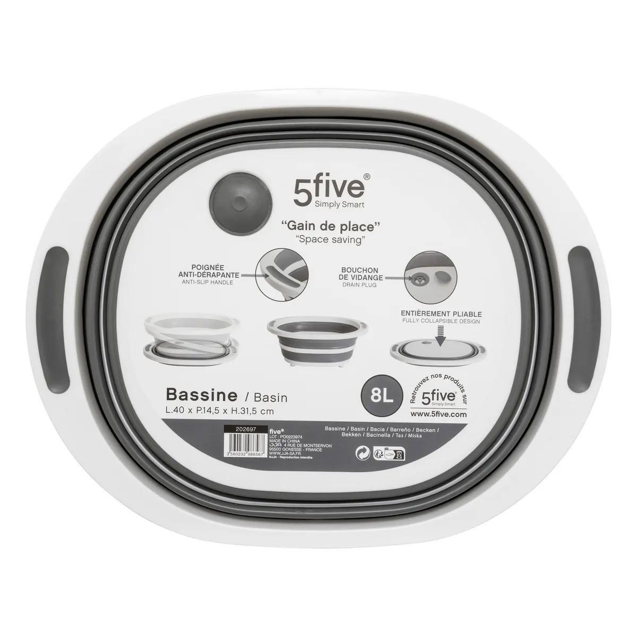 Voir la diapositive 4 : FIVE Bassine avec bouchon vidange  rétractable  8l blanc