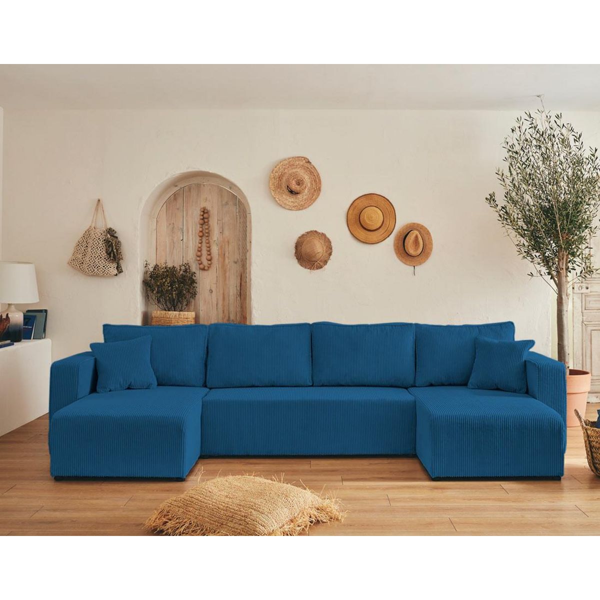 BEST MOBILIER Topaze - canapé panoramique en u - 7 places - convertible avec coffre - en velours côtelé