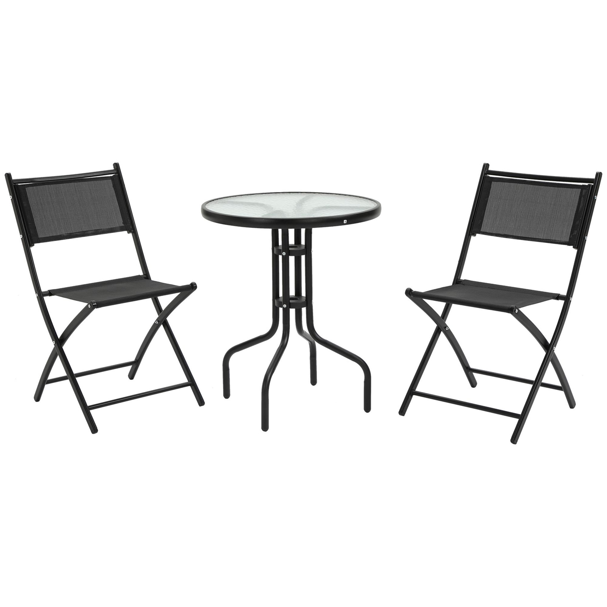Voir la diapositive 1 : OUTSUNNY Salon de jardin bistro 2 chaises pliables - table ronde dim. Ø60 x 70H cm - plateau verre trempé métal époxy textilène noir