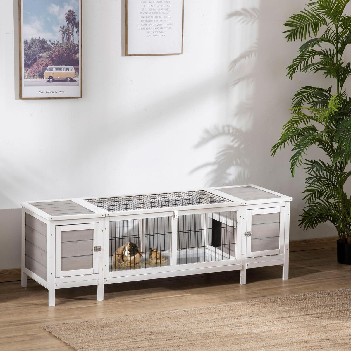 PAWHUT Clapier cage à lapin 2 portes toit ouvrant cloison amovible 2 niches plateaux déjection blanc gris