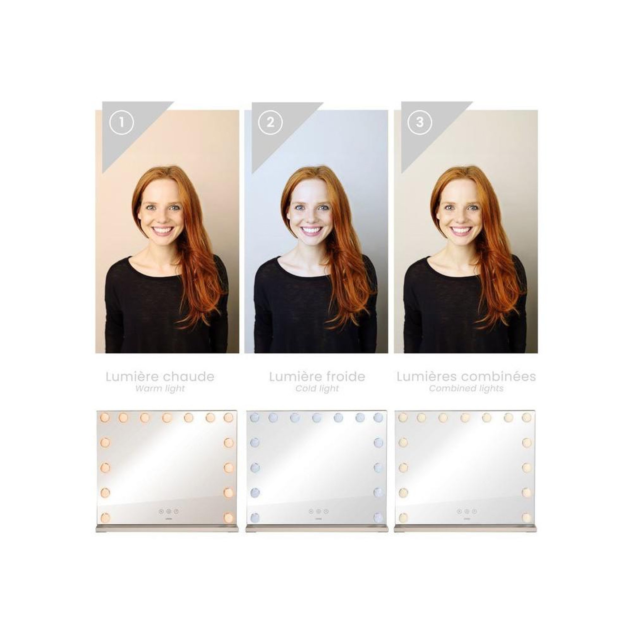 Voir la diapositive 3 : LIVOO Miroir de maquillage hollywood livoo dos225g gris, 15 led, commande tactile, luminosité réglable, modes chaud/froid combiné, alimentation usb-c