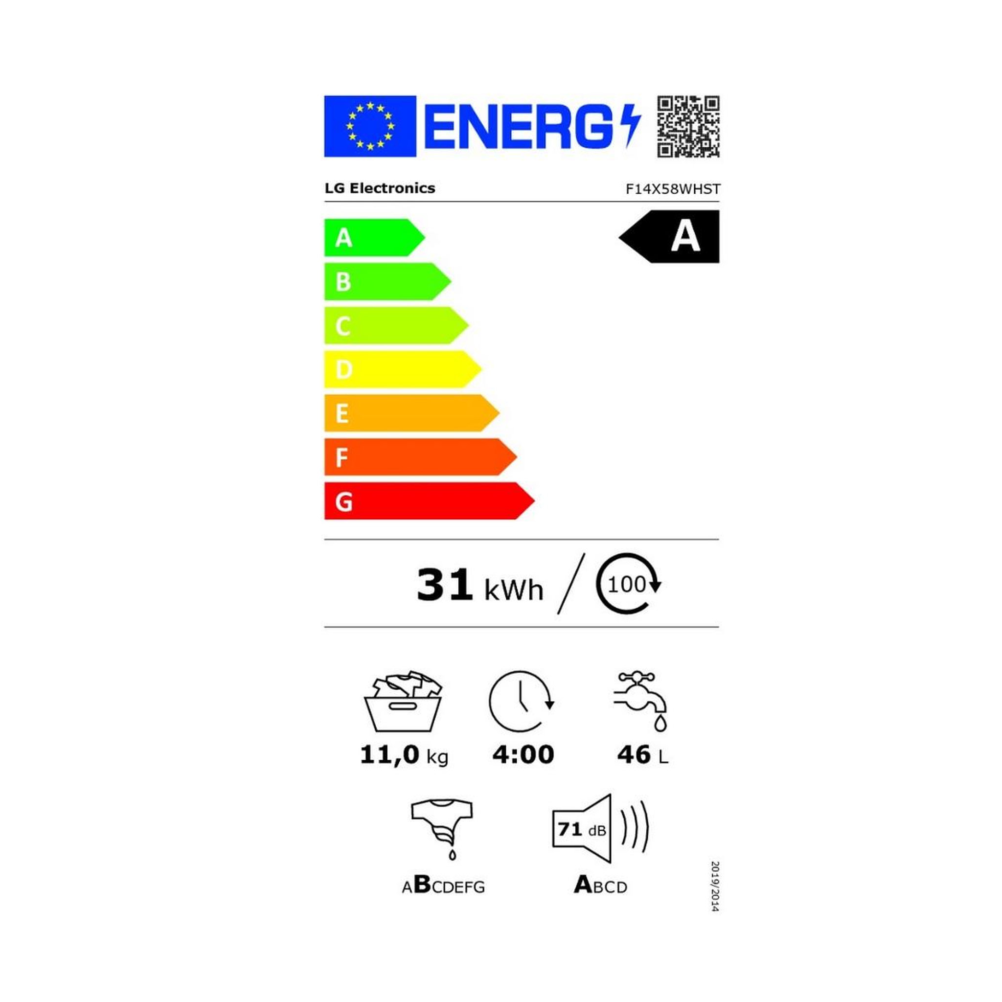 Voir la diapositive 2 : LG Lave-linge frontal 11kg 1400 tours/min - f14x58whst