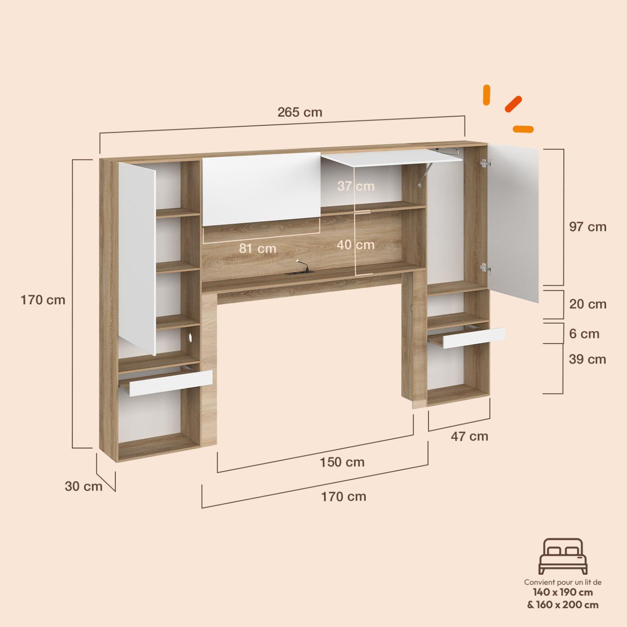 Voir la diapositive 5 : ID MARKET Pont de lit BRIDGET XXL 265 cm avec rangements, penderie, multiprises et LED bois et blanc