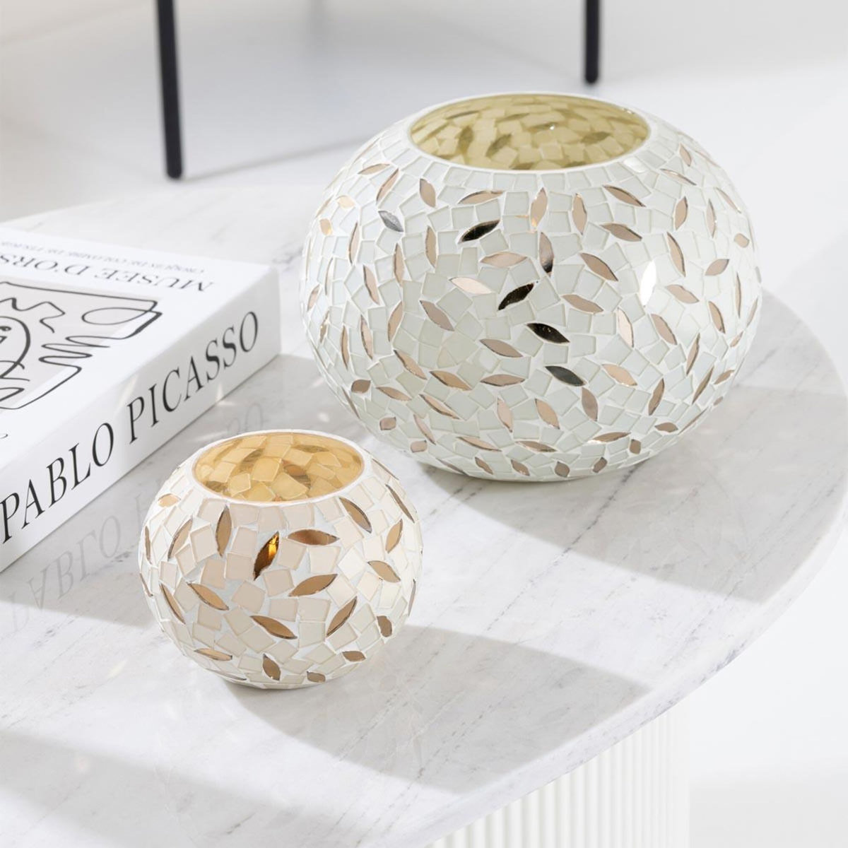 Paris Prix Photophore Mosaïque en Verre  Balle  20cm Blanc Cassé