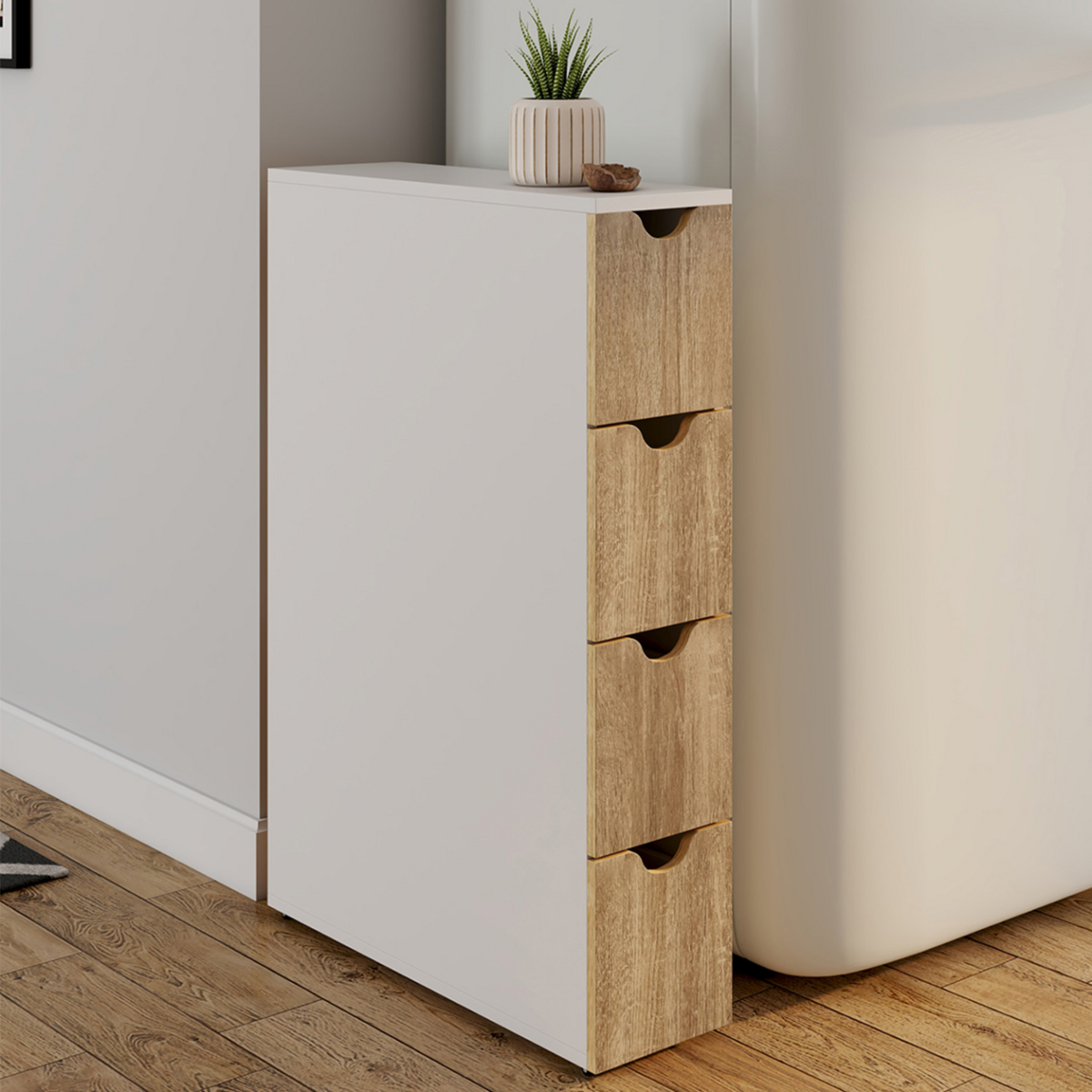 ID MARKET Tour de rangement 4 tiroirs Wilo sur roulettes colonne gain de place blanc et façon hêtre