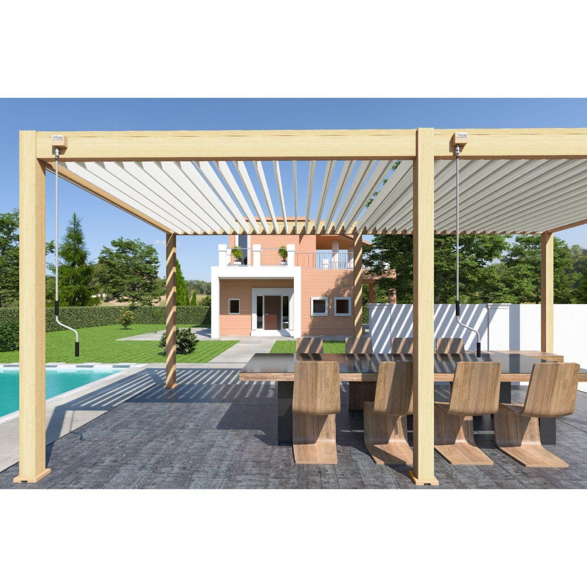 Pergola Bioclimatique autoportée 3x6 m - Aluminium - Effet  bois naturel/blanc -  VS OmBREA®