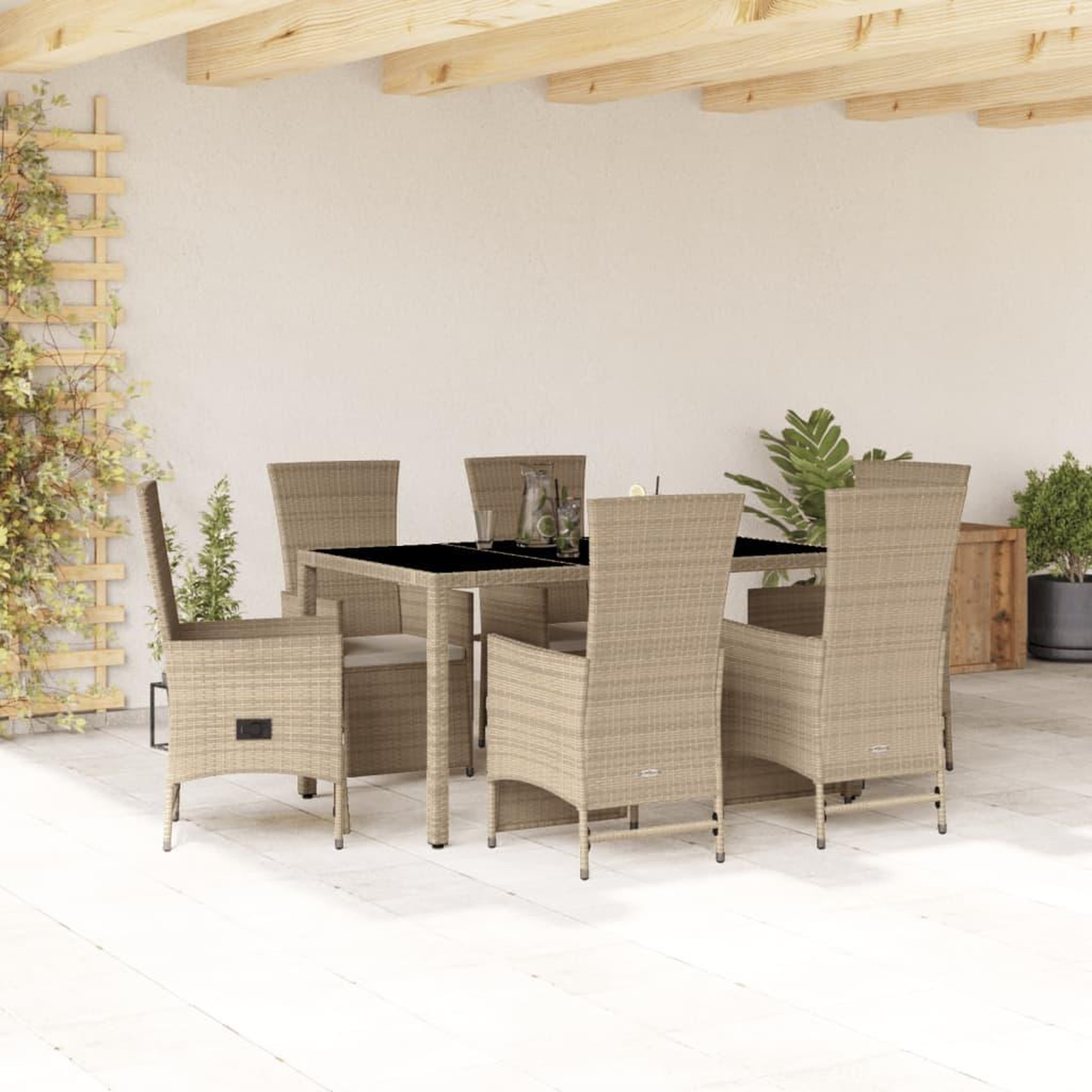 VIDAXL Ensemble a manger de jardin et coussins 7 pcs beige poly rotin