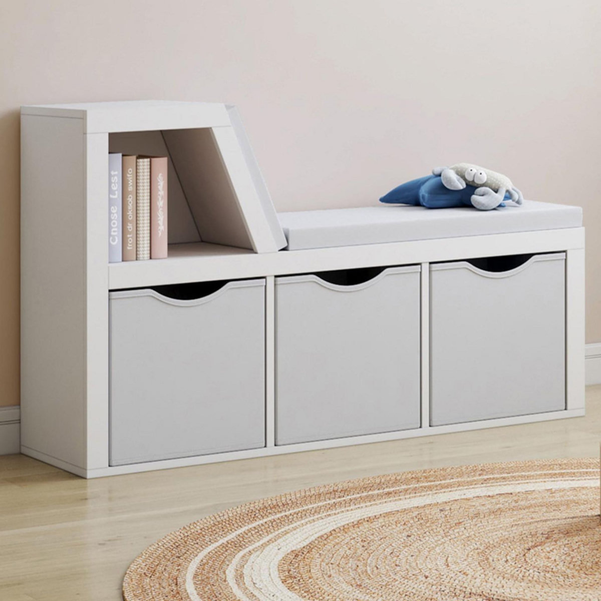 ID MARKET Bibliothèque banc OSCAR 4 cases avec coussins gris et bacs tissus 102 cm blanc