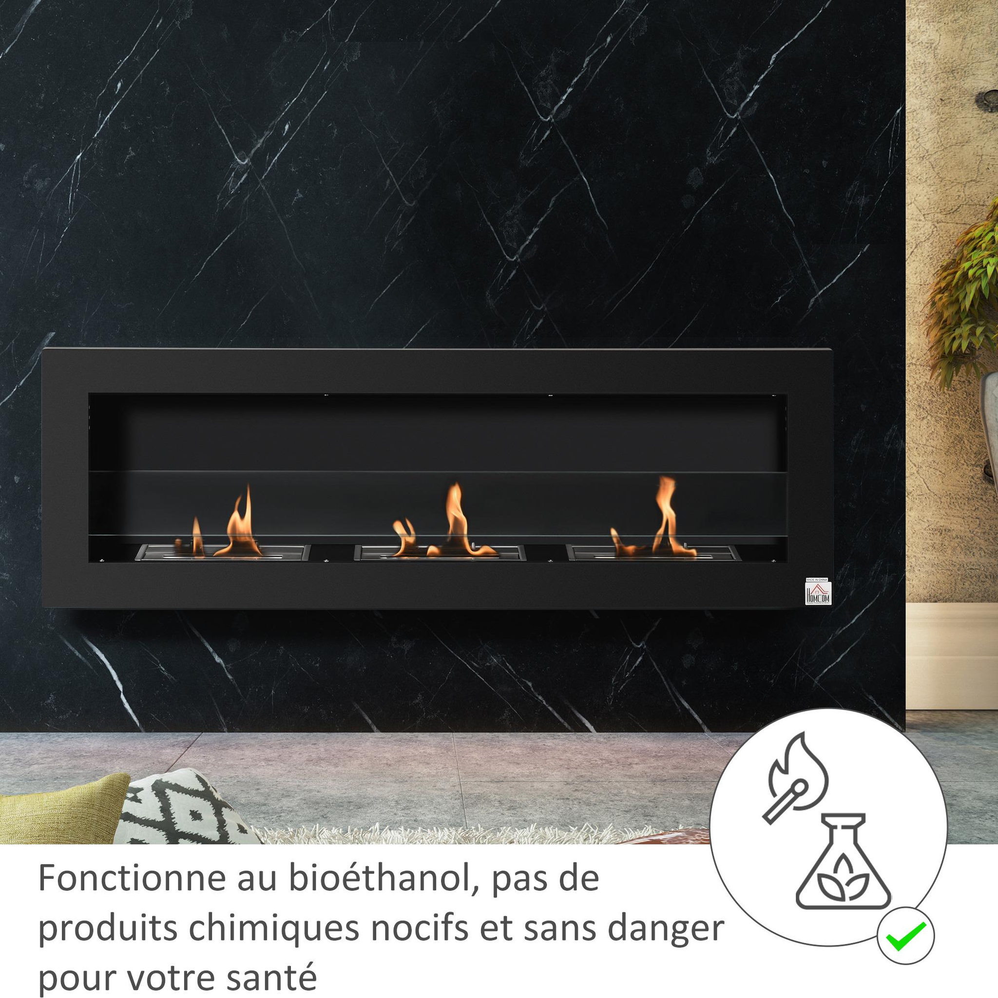Voir la diapositive 4 : HOMCOM Cheminée bioéthanol murale design bauhaus - triple brûleur 1 l - pare-feu verre trempé, kit fixation inclus - acier inox. Acier dépoli noir