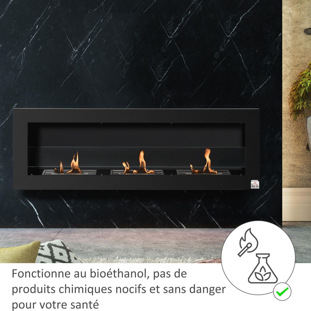 HOMCOM Cheminée bioéthanol murale design Bauhaus - triple brûleur 1 L - pare-feu verre trempé, kit fixation inclus - acier inox. acier dépoli noir