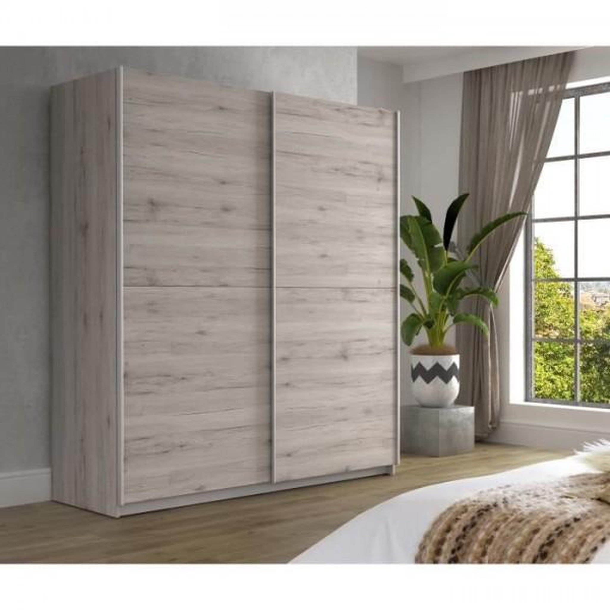 Voir la diapositive 2 : MARKET24 Armoire 2 portes coulissantes - Panneaux de particules - Décor chene cendré clair - L 170,3 x P 61,2 x H 190,5 cm - ULOS