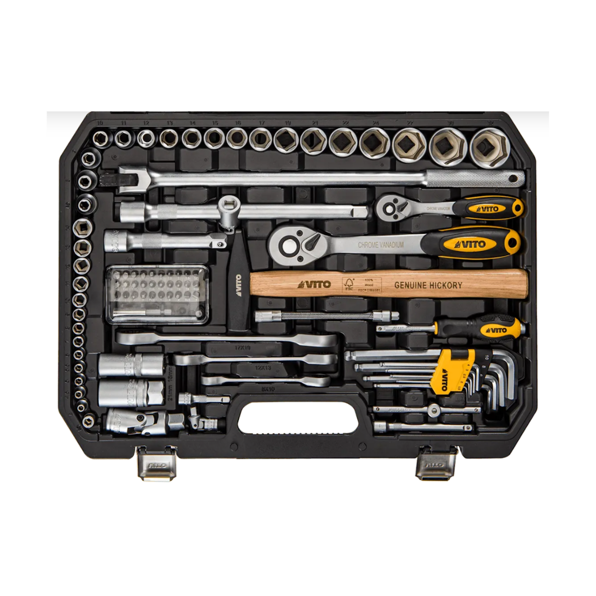 VITO Malette à outils 112 pièces Lampe torche, Tournevis, Douilles, clés, pinces et embouts Coffret à outils BMC VITO