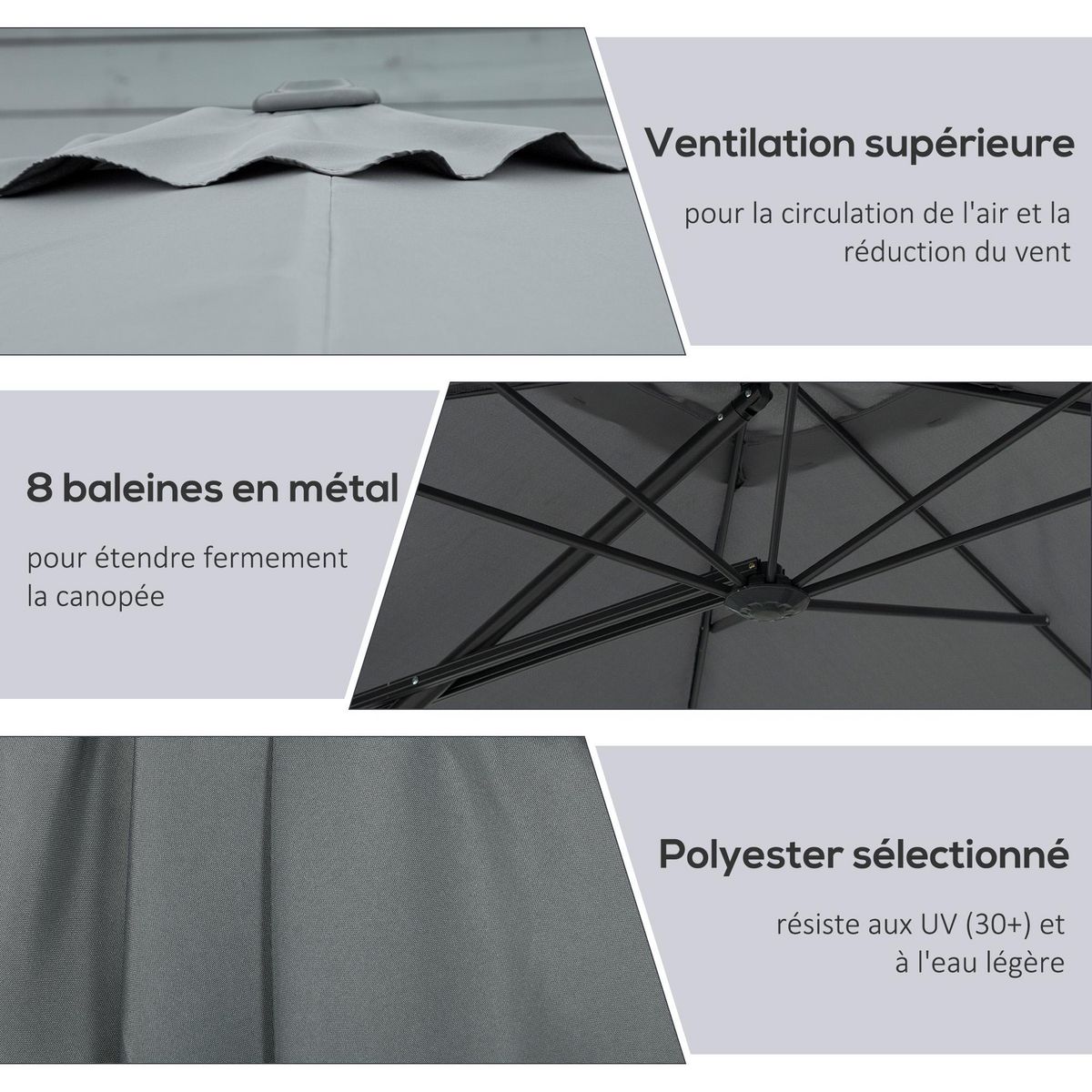OUTSUNNY Parasol déporté carré dim. 2,5 x 2,5 m piètement inclus métal époxy polyester haute densité anthracite