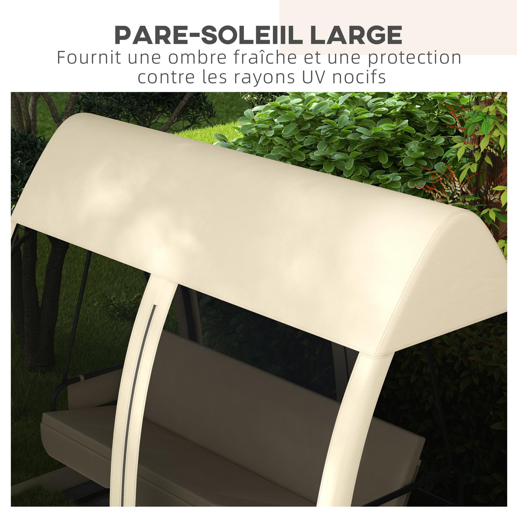 Voir la diapositive 6 : OUTSUNNY Balancelle de jardin convertible 3 places - matelas assise dossier, moustiquaire intégrale, toit - métal polyester beige
