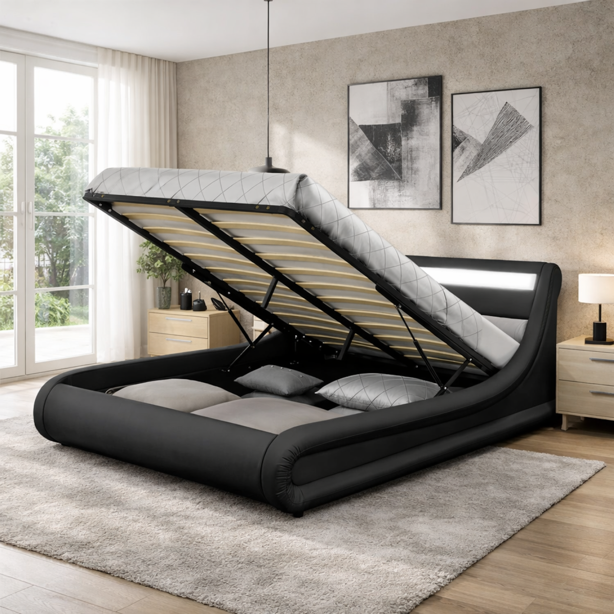 CONCEPT USINE Lit coffre avec led 140 x 190 cm noir PORTLAND