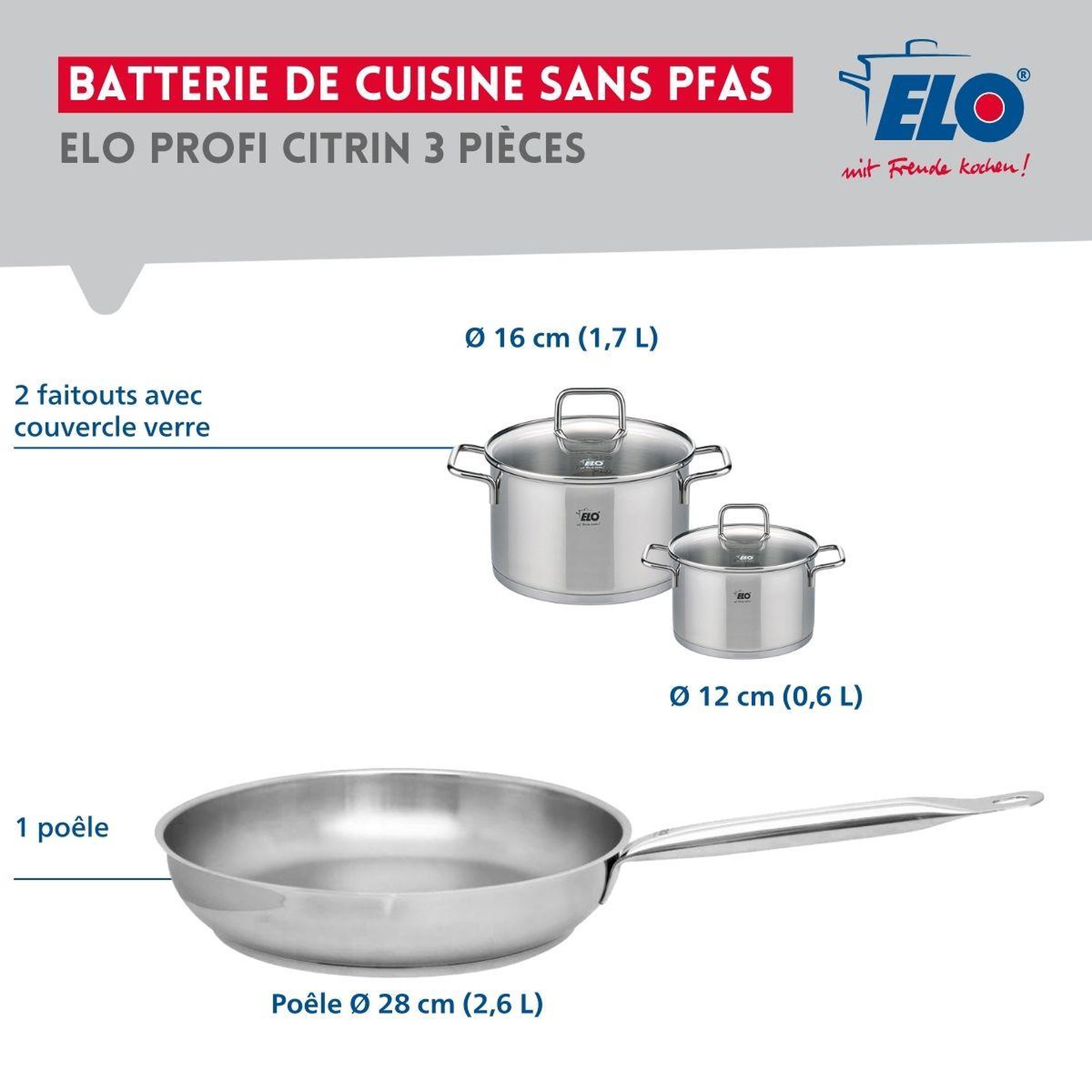 Voir la diapositive 2 : ELO Ensemble de 1 poêle de cuisson 28 cm et 2 faitouts 12 et 16 cm elo profi citrin