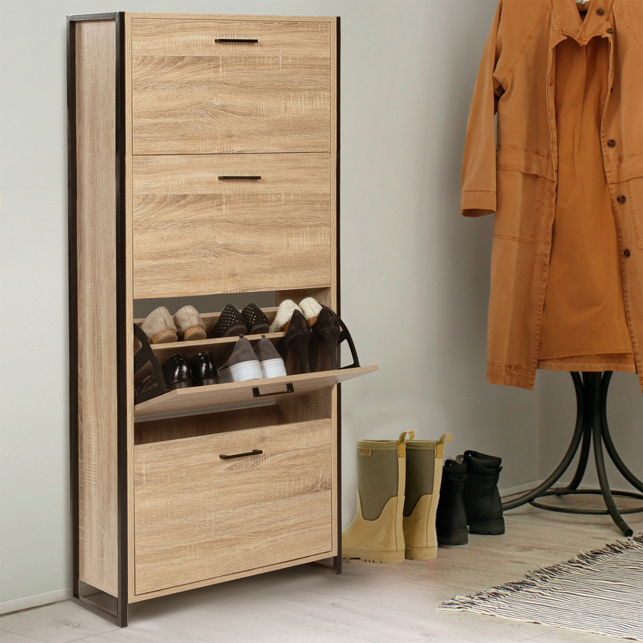Voir la diapositive 2 : ID MARKET Meuble à chaussures 24 paires luis 4 portes design industriel