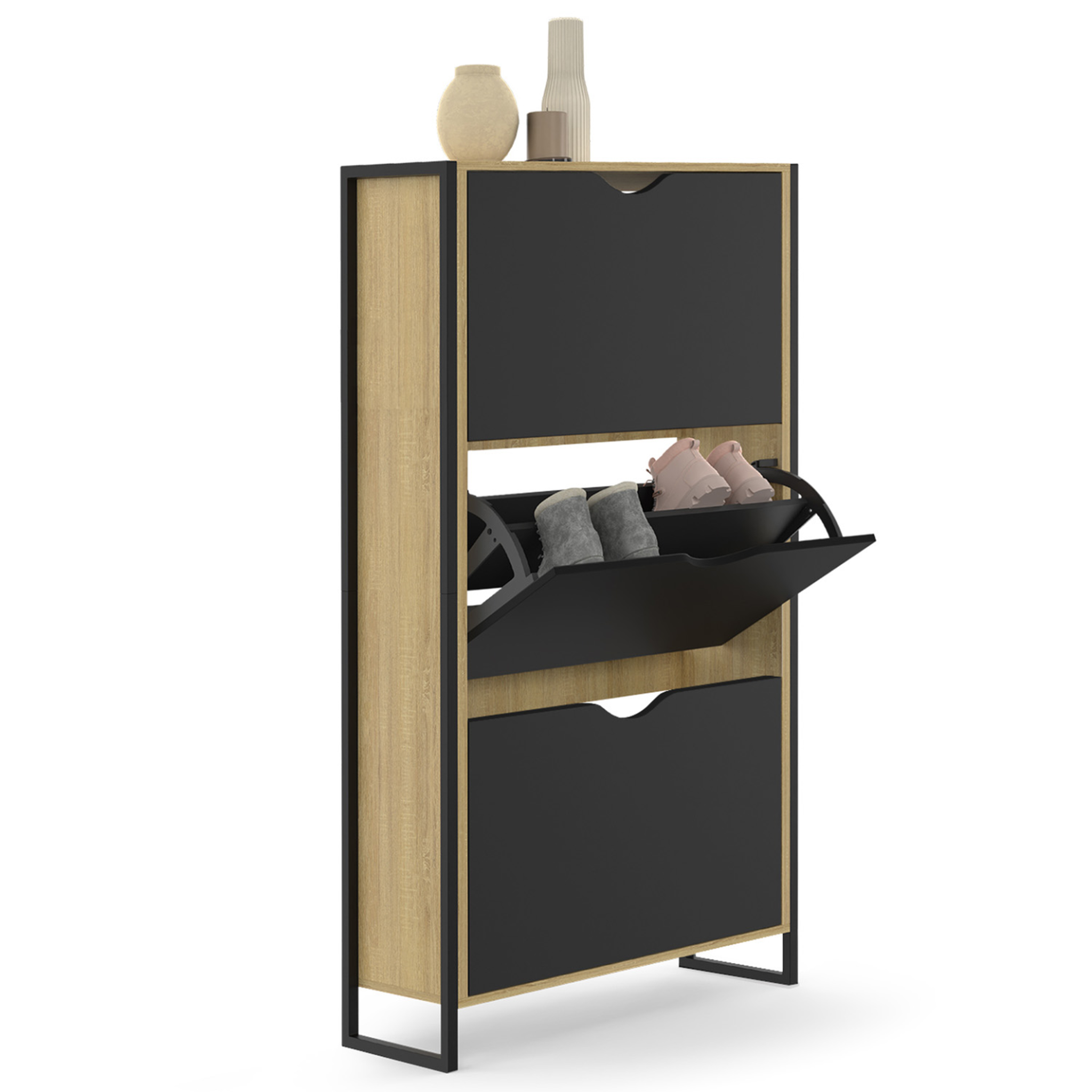 ID MARKET Meuble à chaussures 18 paires boston 3 portes noires design industriel