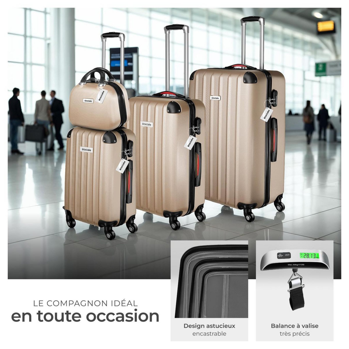 tectake Set de valises rigides 4 pièces, 3 Trolleys, 1 Vanity case, Balance et étiquette bagages inclus champagne
