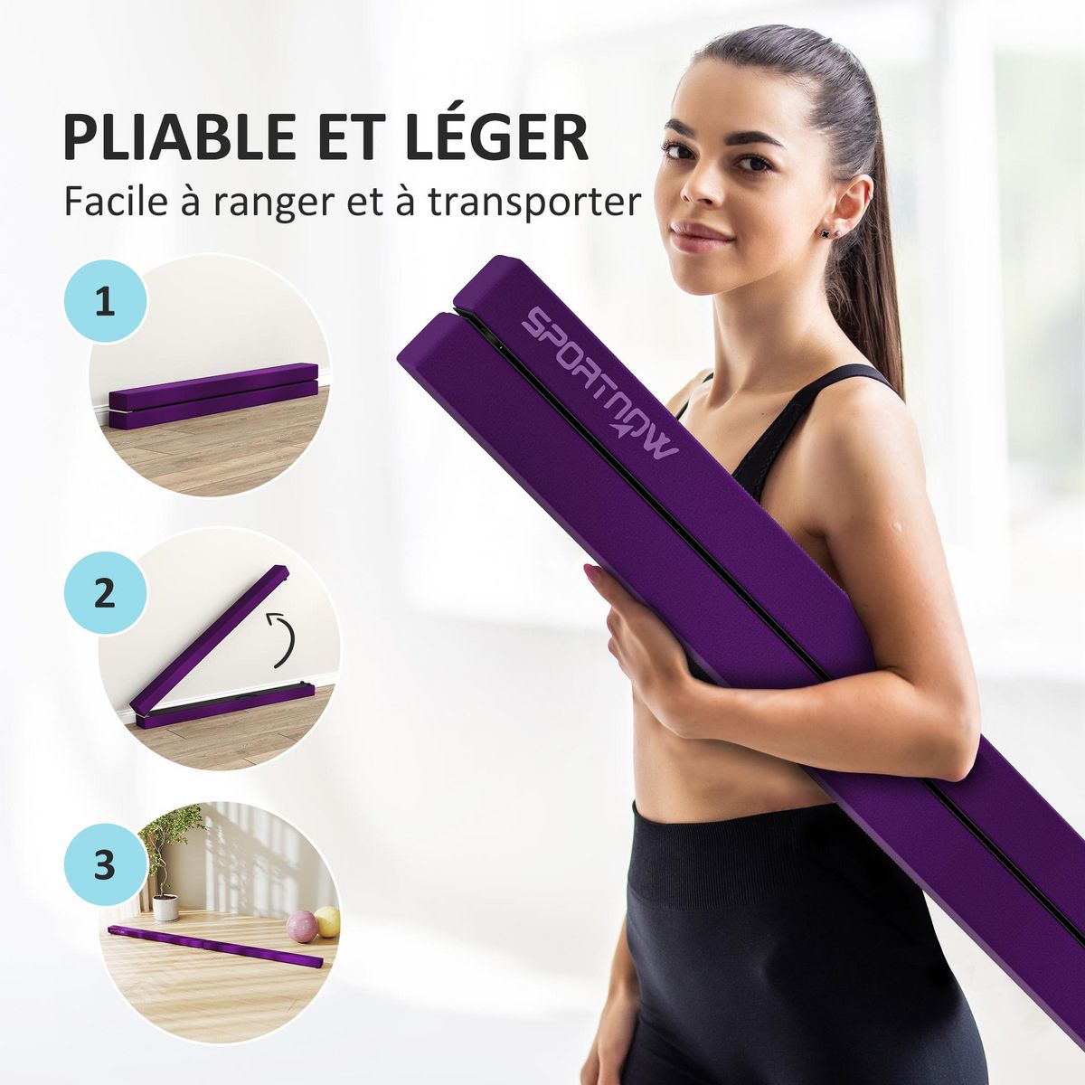 HOMCOM Poutre gymnastique pliable 240 cm - poutre d'équilibre antidérapante - bois de pin revêtement flanelle violet