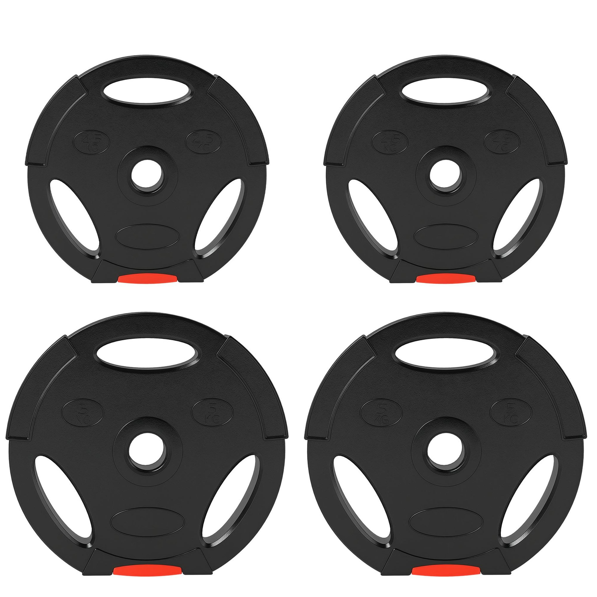 Voir la diapositive 4 : HOMCOM Disques de poids 2 x 5kg + 2 x 2,5kg - 3 poignées - trous de ø25 mm - revêtement pp noir