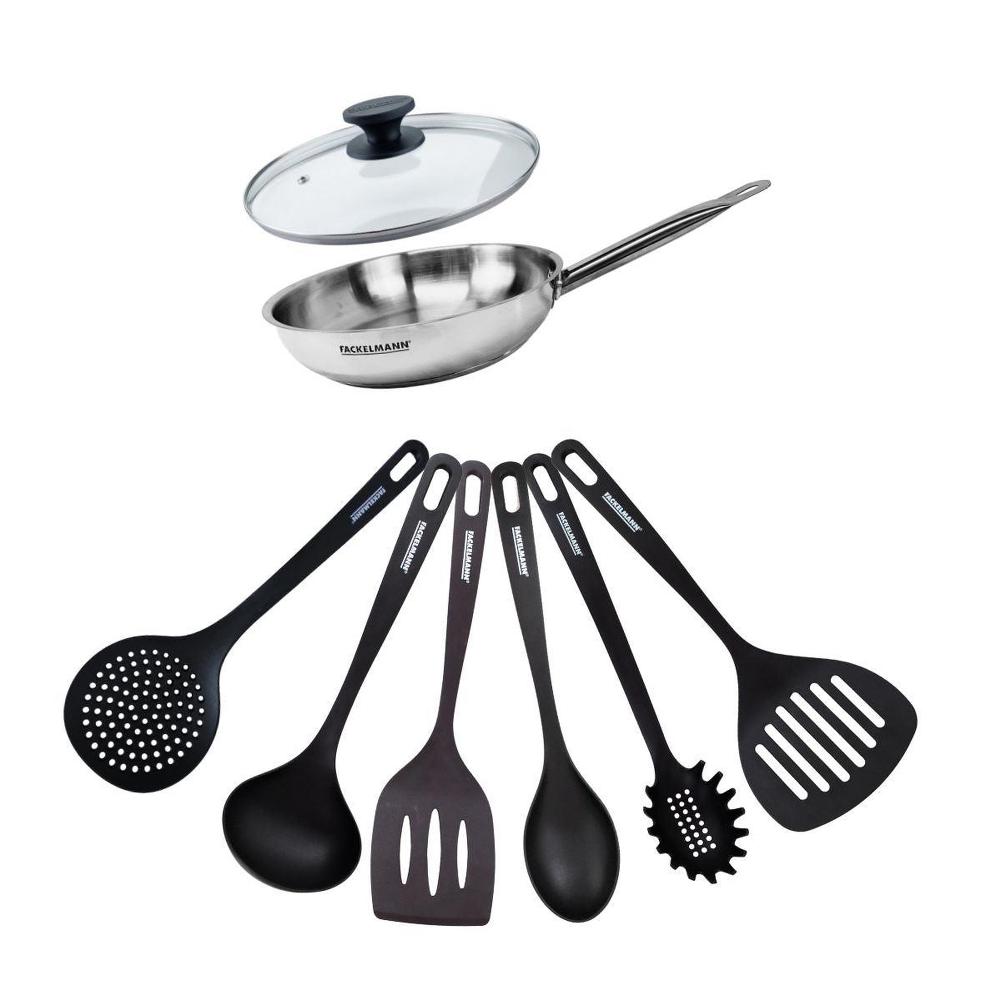 Fackelmann Set de 1 poêle de 20 cm en inox 1 couvercle en verre et 6 ustensiles fackelmann eterna